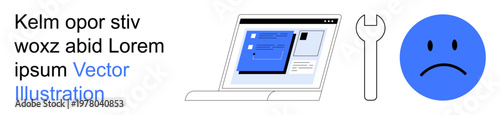 Software issues, IT troubleshooting, system failure, technical support, maintenance, error resolution. Laptop screen, wrench and sad face icon. Software issues and IT troubleshooting concept