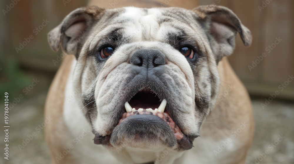 Obraz premium Close up portrait of a bulldog with wrinkled face and expressive eyes, domestic pet showcasing strength, loyalty and distinctive features in natural setting.