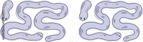 Two identical cartoonish purple worms with Isolate PNG black dots for eyes and mouths