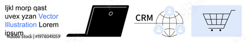 Digital marketing, e-commerce, business systems, CRM networks, shopping platforms, online communication. Black laptop, global network with CRM text a shopping cart icon. Digital marketing