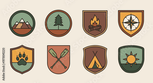Illustrate a vintage inspired collection of outdoor adventure badges, perfect for travel and camping enthusiasts