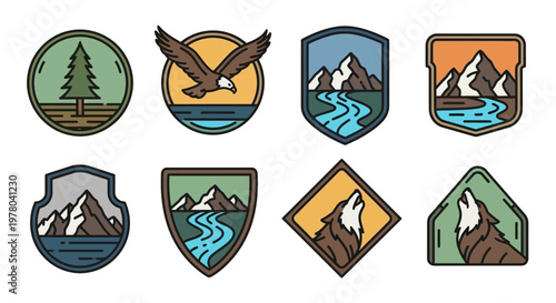 Illustrate a vintage inspired collection of outdoor nature wilderness emblems and patches featuring majestic wildlife and scenic landscapes