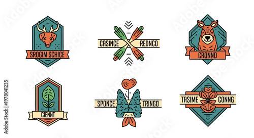 Collection of Badge Designs with Animals, Plants, and Geometric Shapes