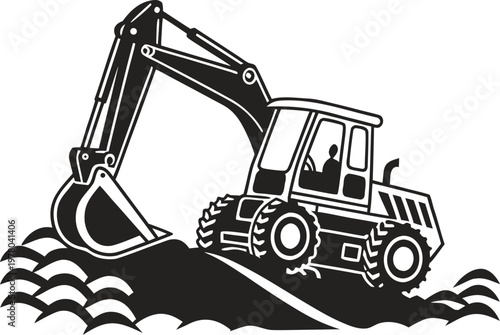 Backhoe Loader Machine Digging Deep Trench with Rear Excavator Arm Illustration
