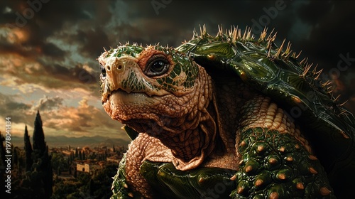 Mutant cactuseating tortoise with spiked shells collecting in a desert landscape