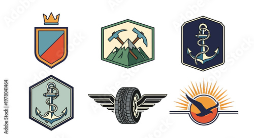 Set of Vintage Emblem Logos featuring Anchors, Mountains, and Wings