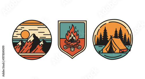 Vintage Adventure Badges with Mountains, Campfire, Surf, and Compass