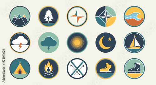 Retro Outdoor Adventure Icons for Camping and Exploration
