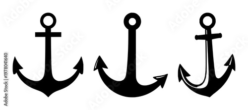 Anchor set with a stylized solid black shape featuring nautical, marine, shipping with ocean and sea symbol