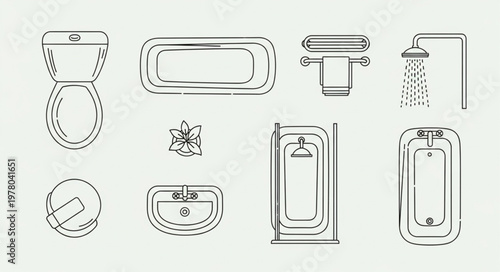 Collection of bathroom fixtures and elements in a line art style.
