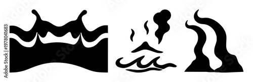 Geothermal energy icons set with solid black icon on white background featuring heat waves, black line art, thermal illustration with energy and geology