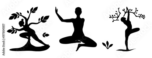 Yoga tree pose set with solid black icon and white background featuring yoga, tree pose, silhouette with black and white and icon