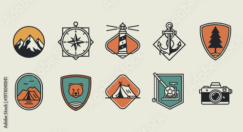 Diverse Collection of Retro Style Emblems for Outdoor Adventure, Travel, and Nature Exploration Badges