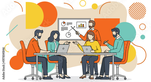 Diverse team collaborating in modern office with colorful abstract background in vibrant professional lighting for business presentation