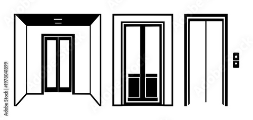 Elevator icon set with solid black color and white background featuring lift, up-down, transport with arrow symbols and accessibility