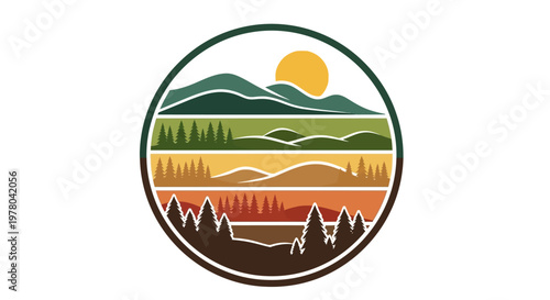 Stylized Geometric Flat Vector Emblem featuring a Layered Mountain and Forest Landscape with a Bright Sun