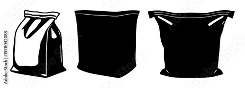 Thermal insulation delivery bag set with flat black silhouette design featuring insulated goods, shipping, packaging with scalable vector and icon graphic