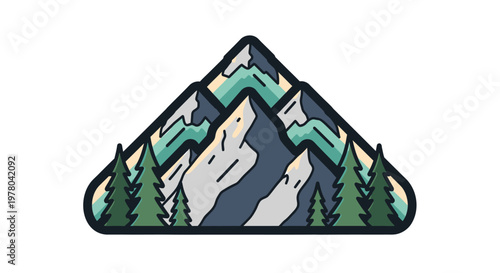 Retro Flat Illustration Badge Depicting a Serene Mountain Landscape with Evergreen Trees