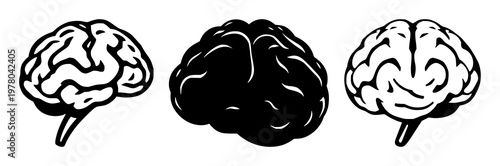 Brain learning icon set with solid black design on white background featuring brain, education, knowledge with memory and growth