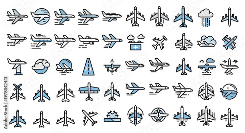 Collection of airplane icons in various styles and designs.