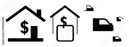 Rent payment icon set with simple solid black icon on white background featuring money, cash, dollar sign with digital and financial