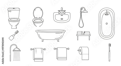 Collection of vintage bathroom fixtures and accessories line art.