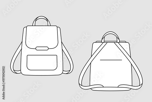 Backpack bag vector template isolated on grey. Apparel models sketch set. Outline for fashion clothes design. Front and back view.