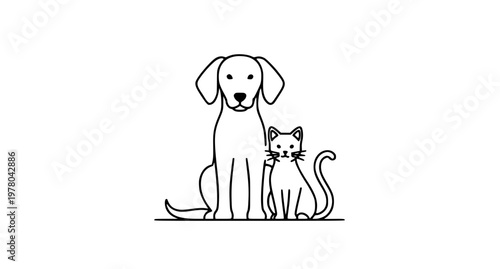 Playful dog and cat cartoon characters sitting together colorful vector illustration isolated on white background