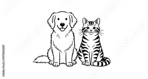 Hand drawn dog and cat sitting together sketch style vector illustration isolated on white background