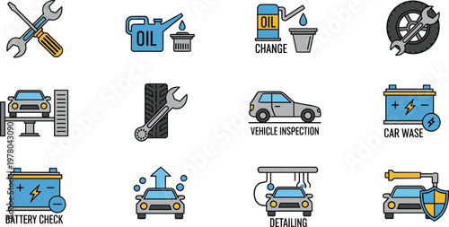 Car maintenance and auto service illustration set with oil change battery check vehicle inspection washing repair and automotive care concepts