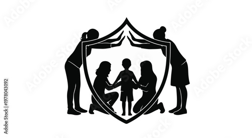 Family protection and care symbolized by figures sheltering a child within a shield shape.