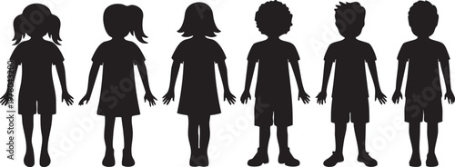 Silhouettes of diverse children standing together in unity and friendship outdoors
