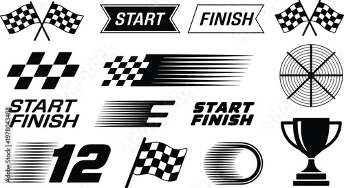 Racing and Competition Icon Set Vector Illustration, Checkered Flags, Start Finish Lines, Speed Elements, and Winner Trophy Symbols for Motorsports, Sports Events, and Competition Design