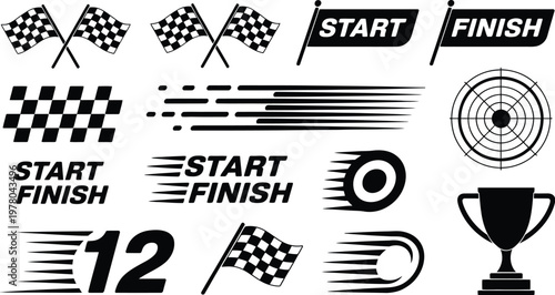 Racing and Competition Icon Set Vector Illustration, Checkered Flags, Start Finish Lines, Speed Elements, and Winner Trophy Symbols for Motorsports, Sports Events, and Competition Design