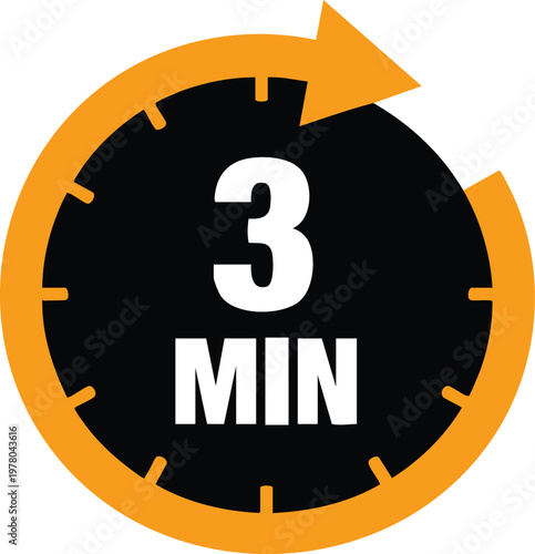3 minute timer icon, orange and black countdown clock vector, three minutes duration symbol for quick tasks and time management