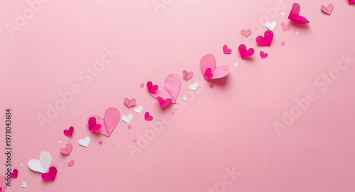 Diagonal Line of Pink and Red Hearts on a Soft Background Romantic Design.