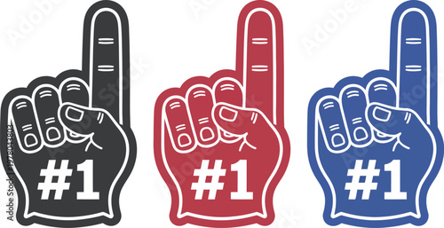 Foam finger number one hand icons black red blue sports fan cheering celebration party decoration vector illustration