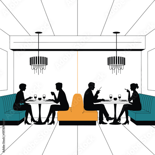 Restaurant dining silhouettes sit at tables within a sophisticated and minimalist interior atmosphere.