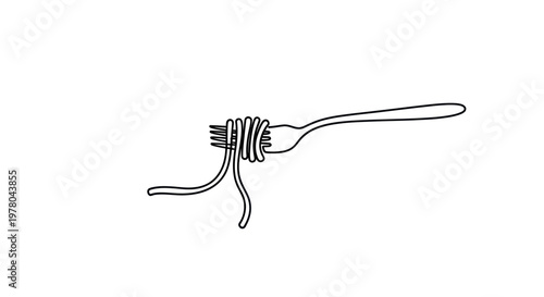 Minimalist single line drawing of spaghetti twirled on a fork, white background