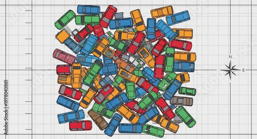 Chaotic Traffic Jam of Colorful Cars Viewed From Above.