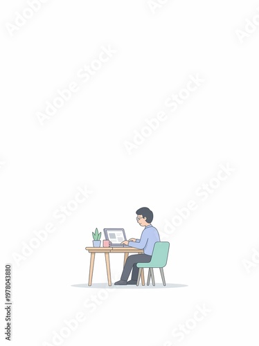 Young man working on a laptop at a desk, minimalist illustration of a freelancer or student in a home office or workspace.