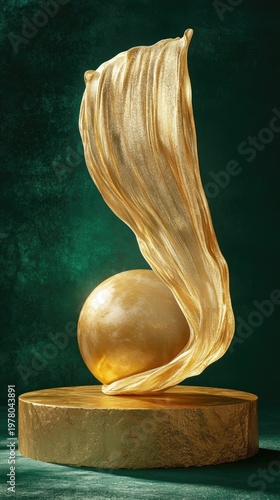 Vertical 3D podium with a golden sphere and flowing metallic fabric. tactile paradox, organic surrealism, luxury metal.