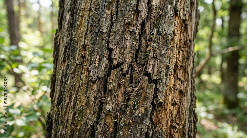 Fototapeta premium Close-up of rough, textured tree bark in a forest with blurred green foliage background
