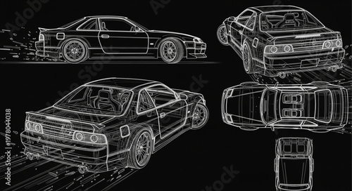 Multiple Views of a Sports Car Sketch.