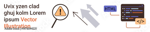 Web programming, coding basics, error debugging, development process, error detection, software development. Warning sign, code snippet and arrows. Error debugging and software development concept