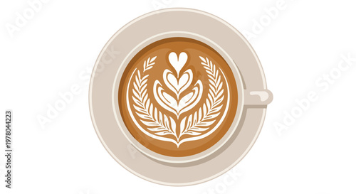 Top view of coffee cup with intricate tulip and rosetta latte art in a white ceramic mug isolated on transparent background