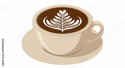 Coffee cup and saucer with symmetrical rosetta latte art in a white ceramic mug isolated on transparent background