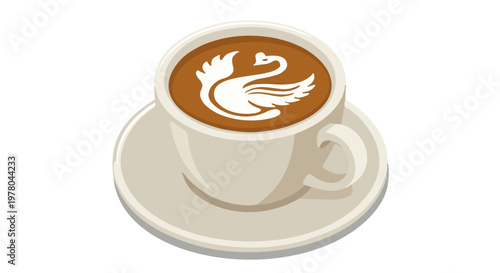 Coffee cup and saucer with elegant swan latte art in white ceramic mug isolated on transparent background