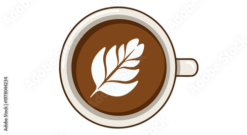 Top view of coffee cup with rosetta leaf latte art in a white ceramic mug isolated on transparent background