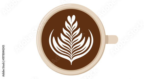 Top view of white coffee cup with symmetrical rosetta latte art isolated on transparent background